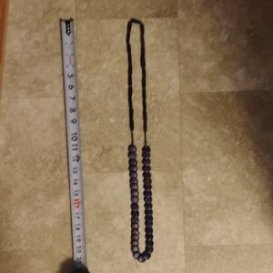 Long Wooden Bead Necklace Navy Blue Handcrafted Boho Style With Wear